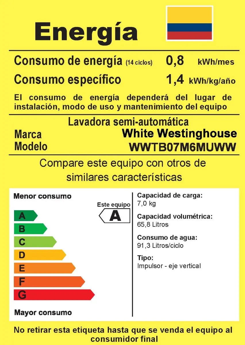 Lavadora 7kg Semiautomática White Westinghouse Color Blanco