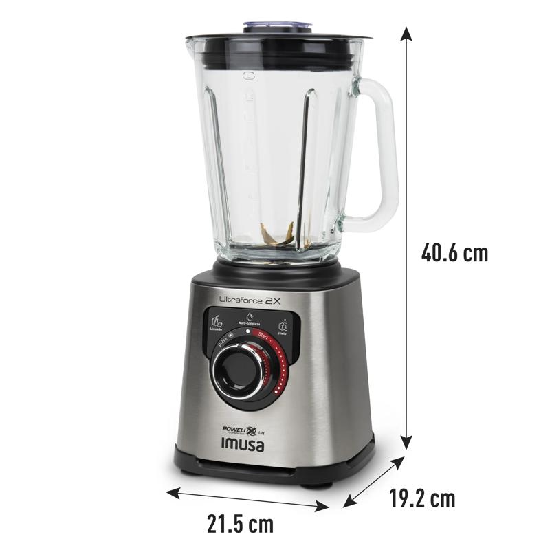 Licuadora IMUSA Ultraforce 2X, 1100W, Vaso Vidrio 2L, con Espatula, Picatodo y Molino
