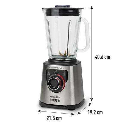 Licuadora IMUSA Ultraforce 2X, 1100W, Vaso Vidrio 2L, con Espatula, Picatodo y Molino