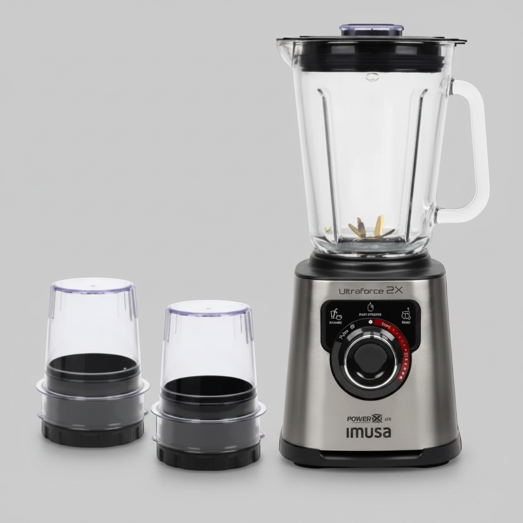 Licuadora IMUSA Ultraforce 2X, 1100W, Vaso Vidrio 2L, con Espatula, Picatodo y Molino