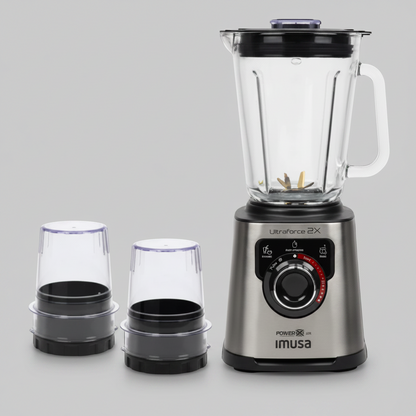 Licuadora IMUSA Ultraforce 2X, 1100W, Vaso Vidrio 2L, con Espatula, Picatodo y Molino