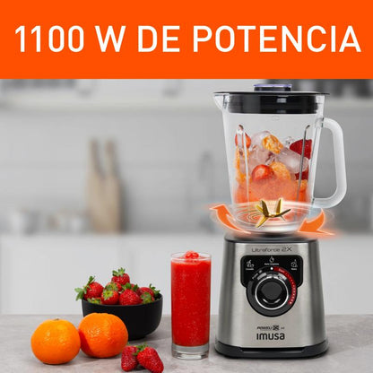 Licuadora IMUSA Ultraforce 2X, 1100W, Vaso Vidrio 2L, con Espatula, Picatodo y Molino