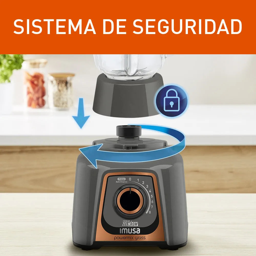 Licuadora 8 Velocidades Powermix Glass Imusa Vaso de Vidrio 550 Watts Color Negro