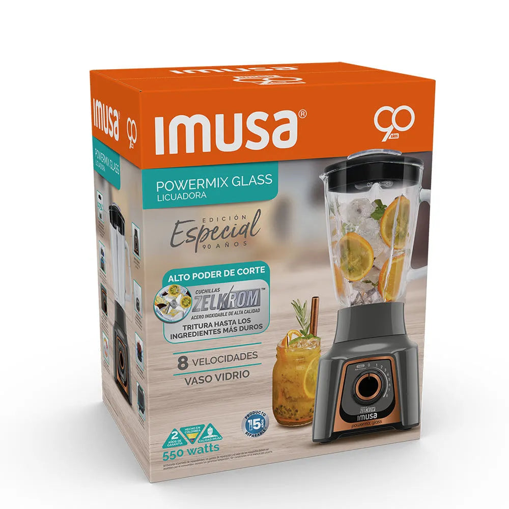 Licuadora 8 Velocidades Powermix Glass Imusa Vaso de Vidrio 550 Watts Color Negro