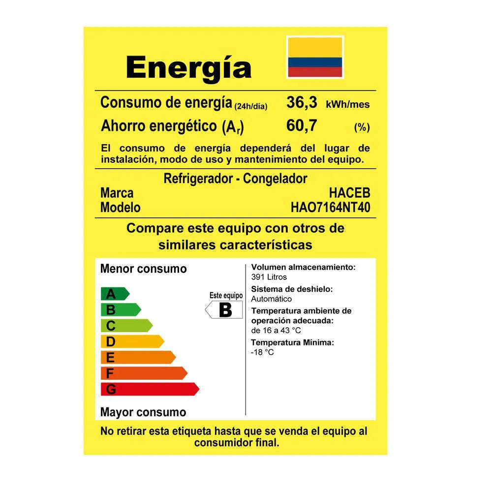 Nevera HACEB No Frost Congelador Superior 404 Lt Plomo