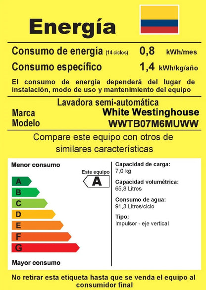 Lavadora 7kg Semiautomática White Westinghouse Color Blanco