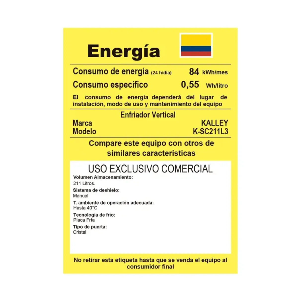 Vitrina KALLEY Frost Una puerta 211 Litros K-SC211L3 Blanco